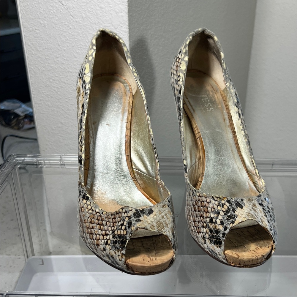 Guess by Marciano Beige and Black Snake-Print Peep-Toe Pumps